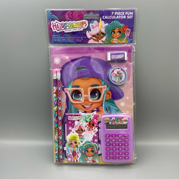 Hairdorables School Calculator Set 7 Pieces Pencils Sharpener Eraser Memo Pad - Picture 1 of 5